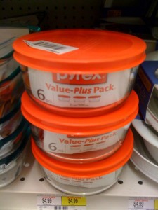 Three of these glass Pyrex food storage units sell for just $4.99 at a Bethesda Giant Food store.  