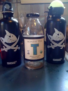 A durable glass bottle, such as this Honest Tea bottle, can be reused as an on-the-go water bottle.  